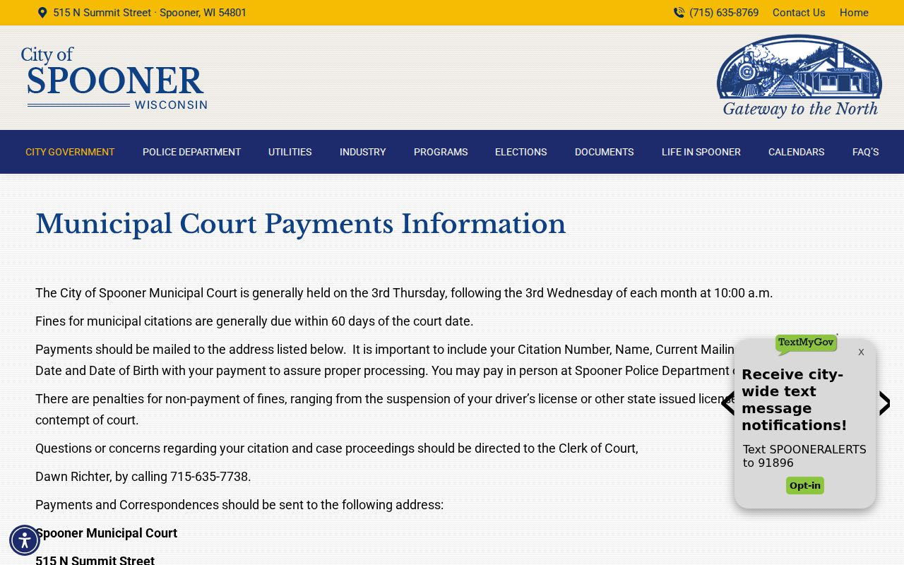 Spooner Municipal Court payments for Washburn County criminal records