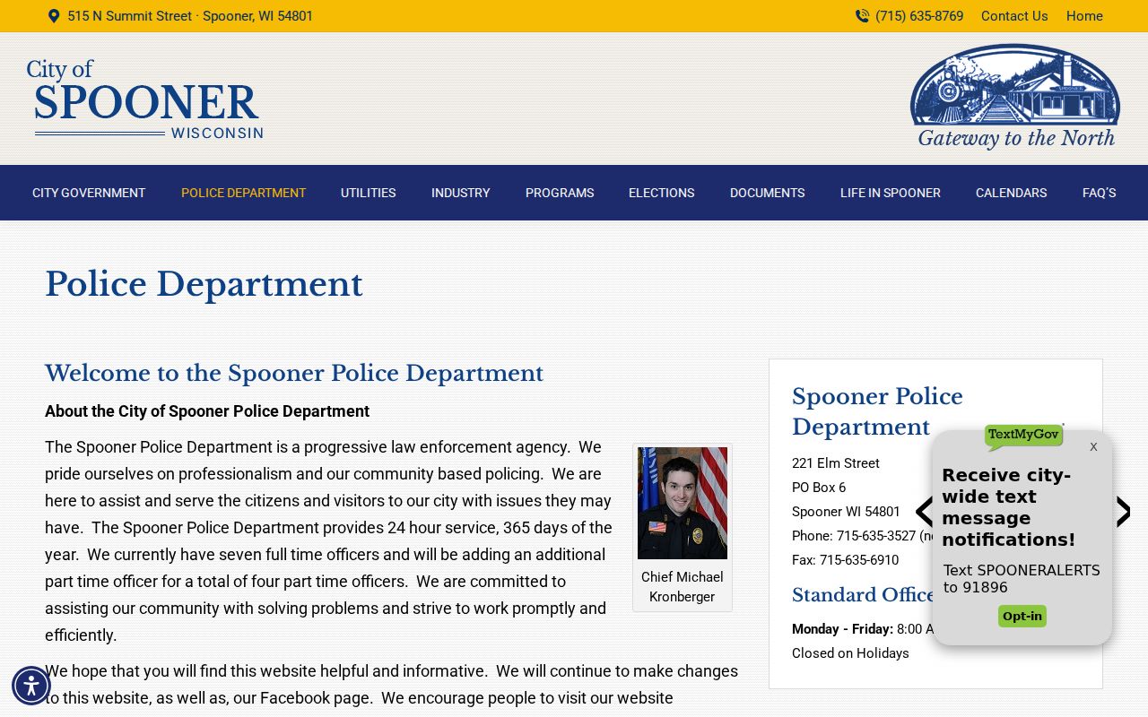 Spooner Police Department contact for Washburn County criminal records