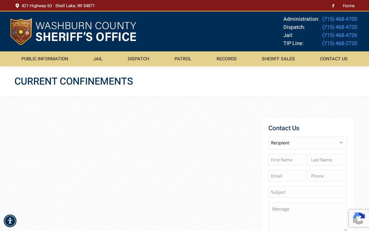 Washburn County arrest records current confinement roster