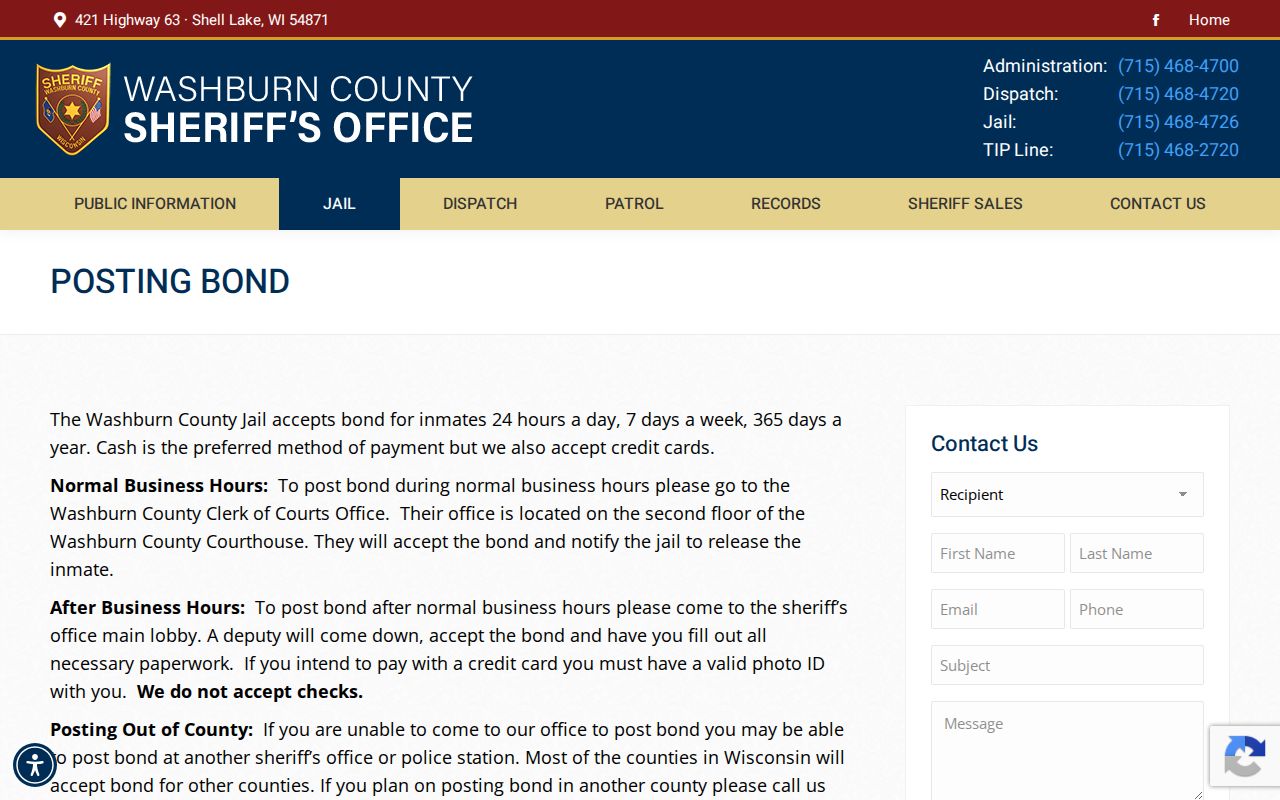 Washburn County arrest bond posting information