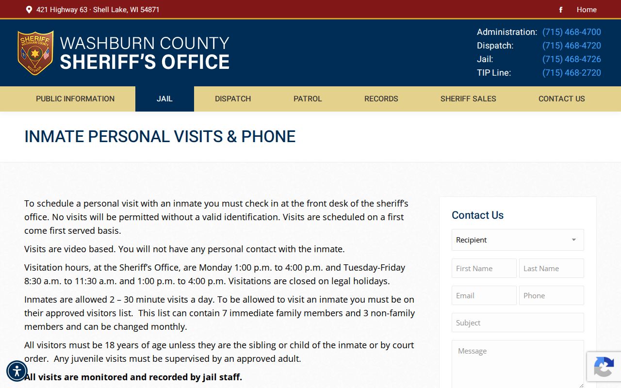 Washburn County jail visit information related to arrest custody