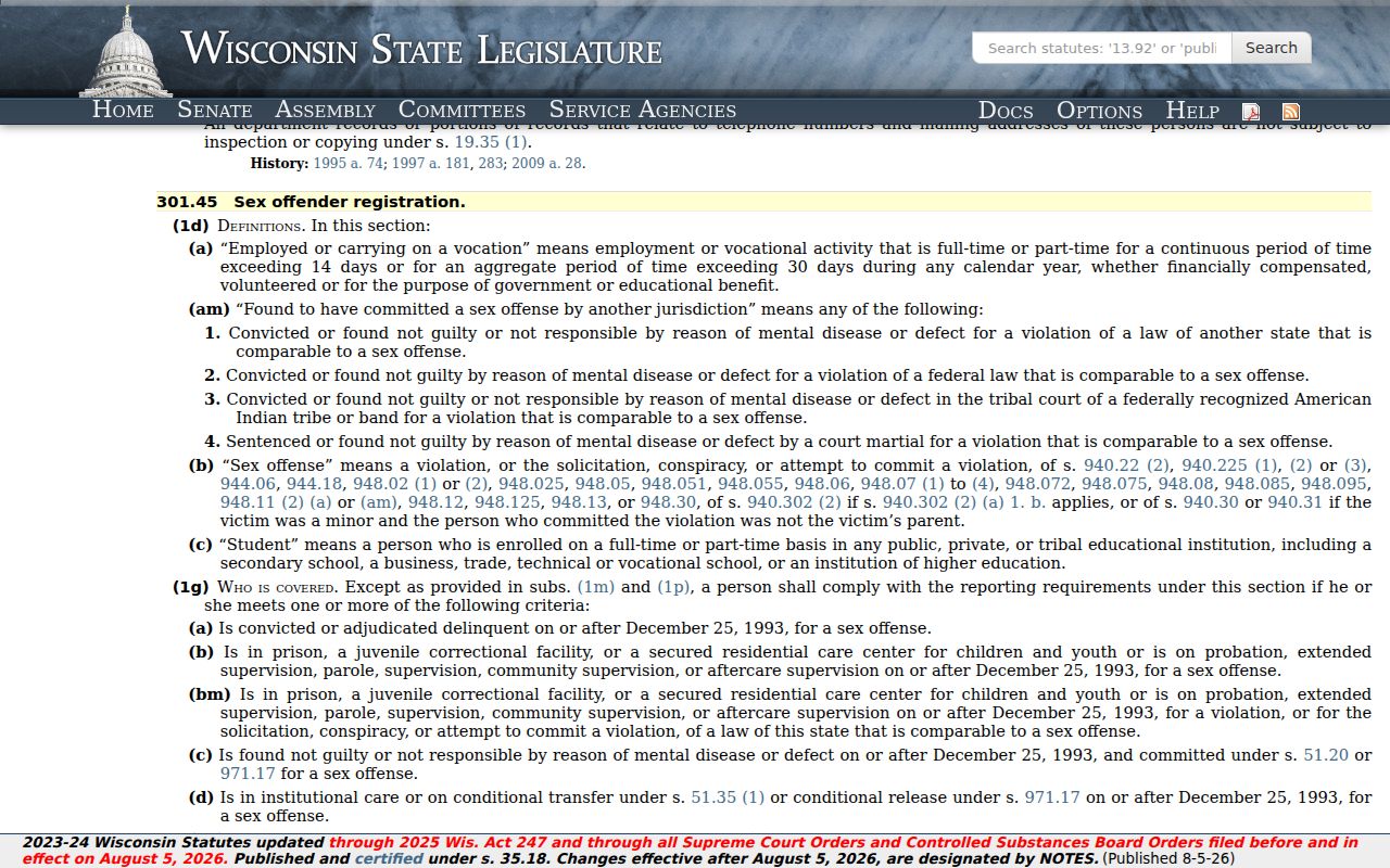 Washburn County sex offender registration duties under Wisconsin statute 301.45